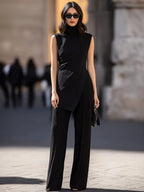 High-Neck Asymmetric Layered Top Wide-Leg Pants Set