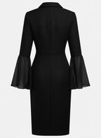 Black Buckle Mesh Tweed Lapel Collar Long Sleeve Bell Sleeve Sheath Midi Dress