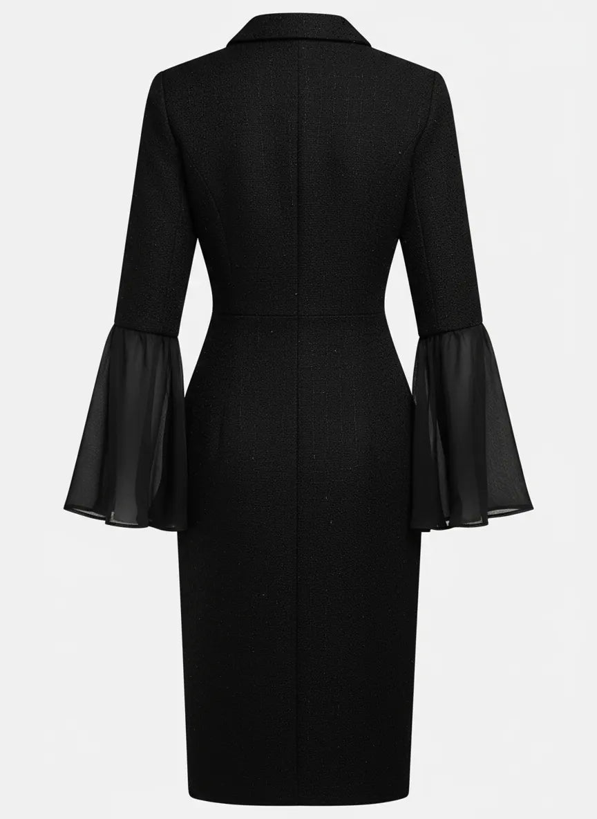 Black Buckle Mesh Tweed Lapel Collar Long Sleeve Bell Sleeve Sheath Midi Dress