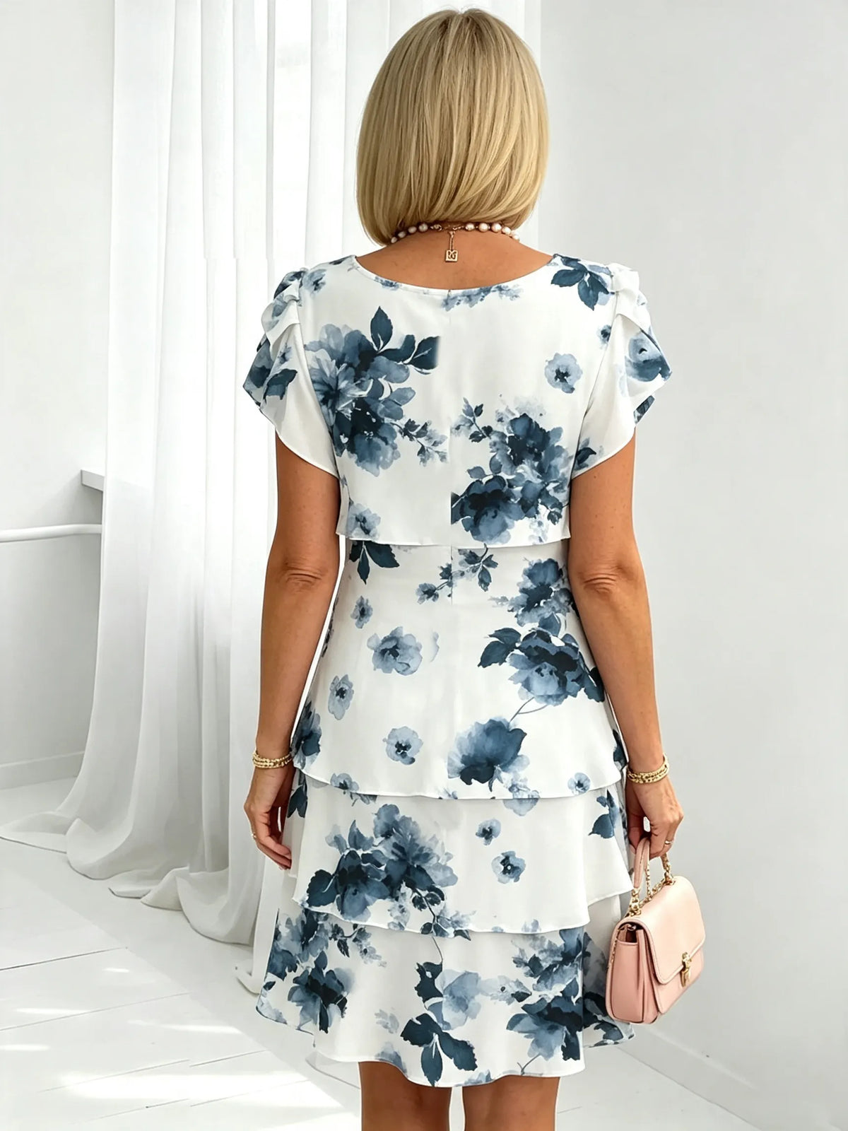 Women's Floral Print Tiered Chiffon Dress, Short Flutter Sleeve Loose Multi-Layer Tummy Covering Shift Dress, Casual Summer Flowy Dress for Daily Vacation Beach