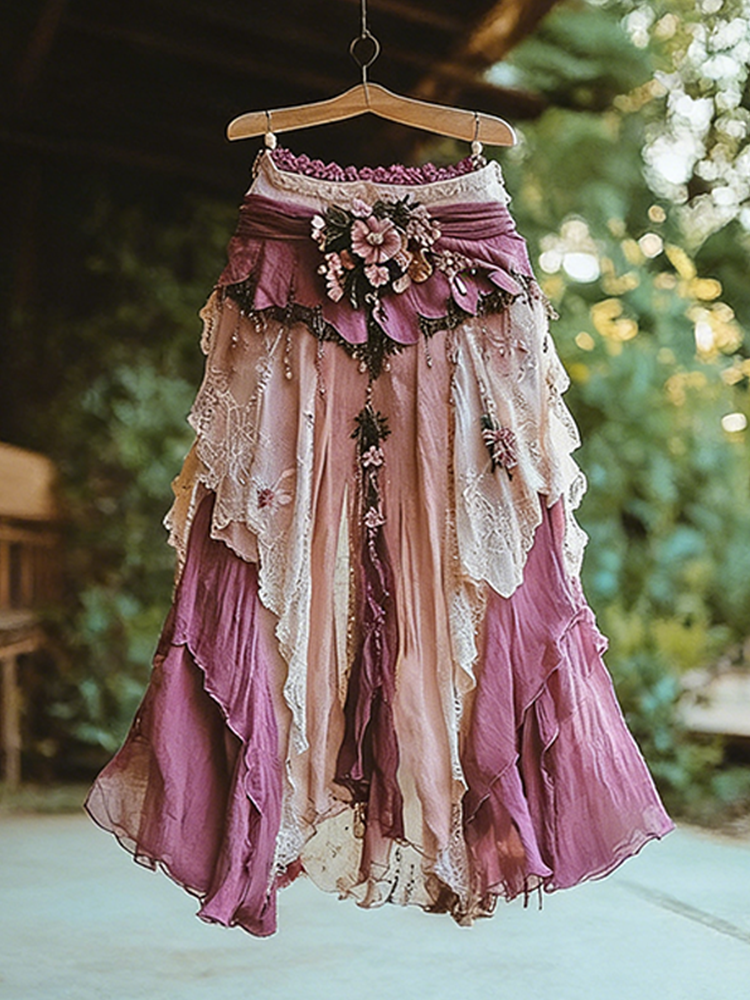 Vintage Boho Art Pattern Flowy Linen Skirt