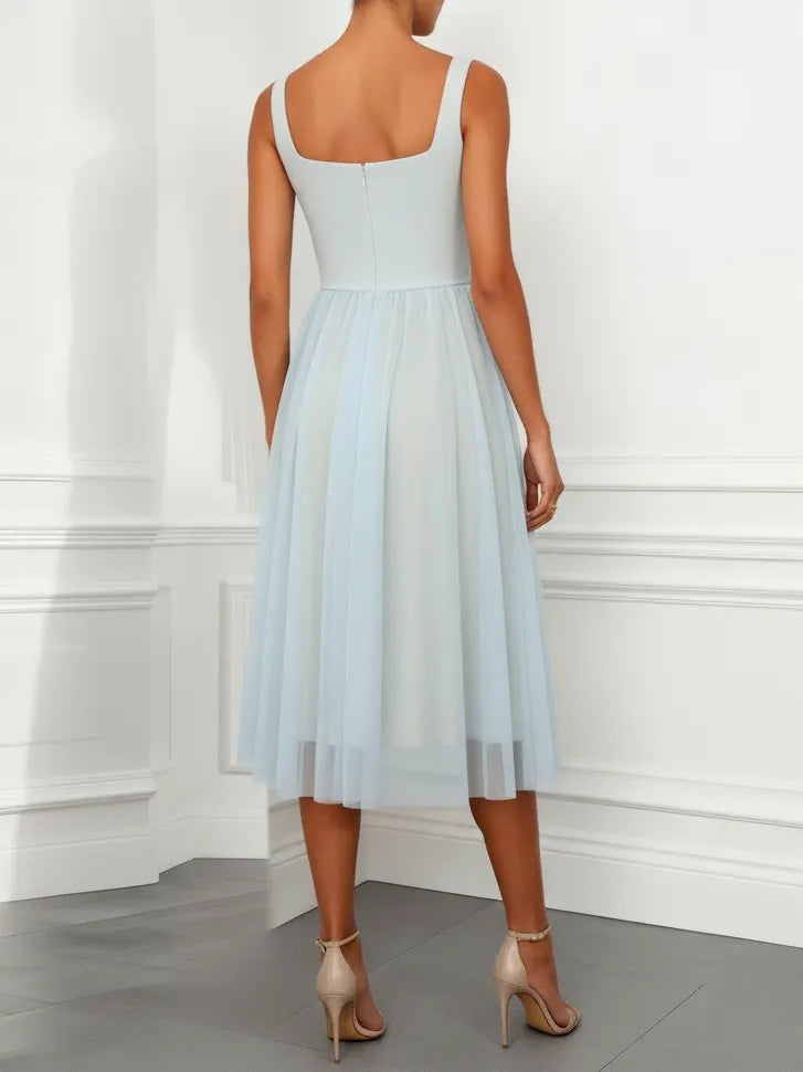 Light Blue Ruched Classic Square Neck Sleeveless A-Line Midi Dress