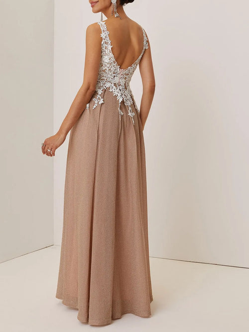 Apricot Lace Prom Dress V Neck Sleeveless A-Line Maxi Mother of the Bride or Groom Dress