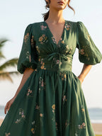 Maxi Linen Dress, Half Sleeve, V Neck, Floral, Bow, Vintage, Green