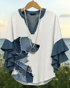 Summer Casual Puppy Denim Patchwork Hole Top & Trousers Two-piece Set 1792