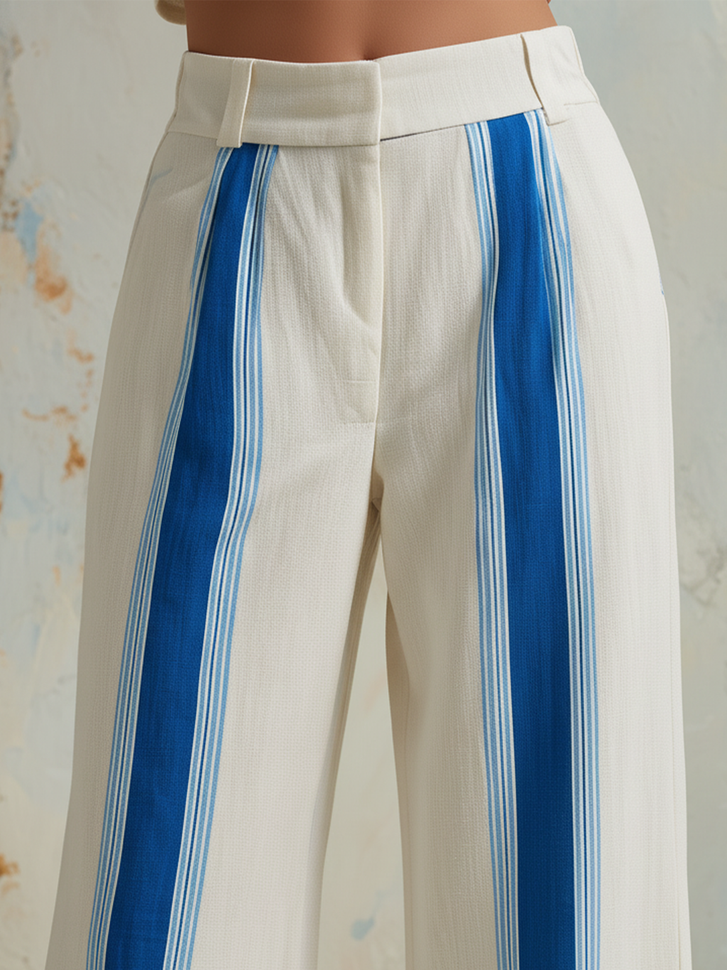Cream Linen-Blend High-Waist Wide-Leg Pants With Blue Stripe Detail