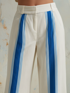 Cream Linen-Blend High-Waist Wide-Leg Pants With Blue Stripe Detail