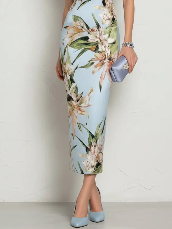 Light Blue Floral Satin Square Neck Sleeveless Sheath Midi Dress