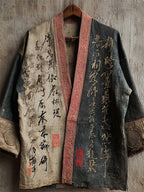 Japanese Calligraphy Art Contrast Linen Kimono