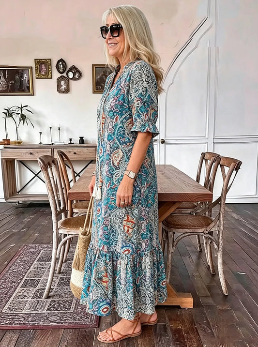 Vacation DRESS Paisley Bohemian Long Length Vintage Print Tassel Tie Neck Tunic Dress - Elegant Vacation Style with Drawstring, Ruffle Hem, and Random Printing