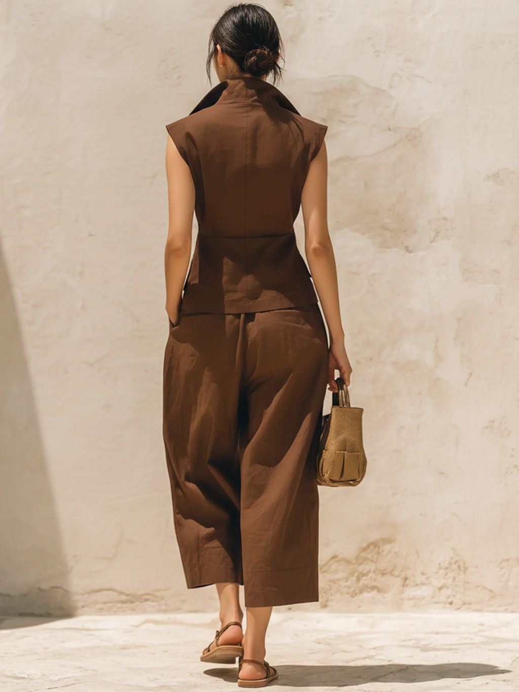 Chocolate Brown Cotton-Linen Blend Asymmetric Zip Vest & Barrel Pants Two-Piece Set