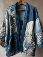Floral Lace Fiber Art Japanese Sashiko Patchwork Linen Kimono
