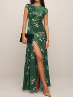 Green Slit Floral Satin Crew Neck Cap Sleeve A-Line Maxi Dress