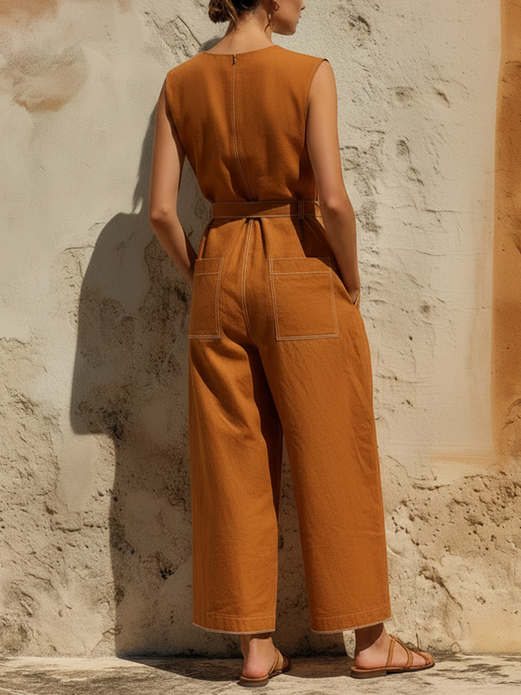 Rust Orange Washed Cotton Sleeveless Belted Wide Leg Jumpsuit