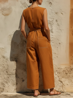 Rust Orange Washed Cotton Sleeveless Belted Wide Leg Jumpsuit