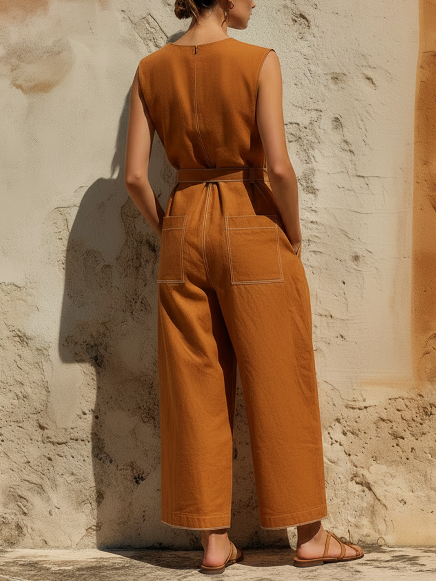 Rust Orange Washed Cotton Sleeveless Belted Wide Leg Jumpsuit