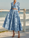 Midi Linen Dress , Half Sleeve, Shawl Collar, Floral, Button Design, Vintage, Blue