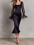 Elegant Black Satin Midi Evening Dress With Sheer Pleated Bell Sleeve