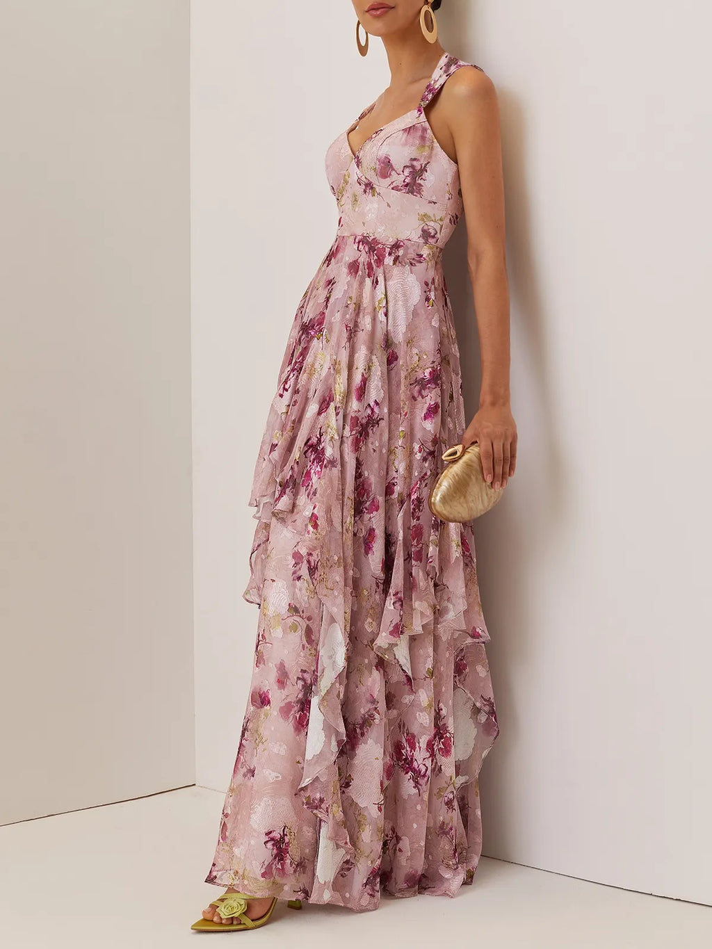 Pink Floral Jacquard Chiffon Sweetheart Neckline Sleeveless A-Line Floor-length Gown Dress