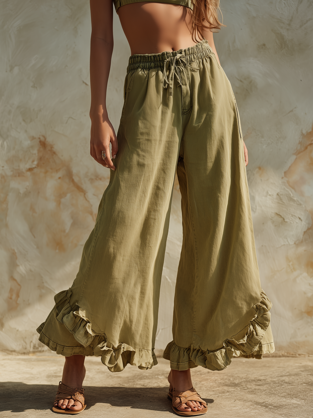 Olive Green Ruffle Hem Wide-Leg Pants