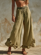Olive Green Ruffle Hem Wide-Leg Pants
