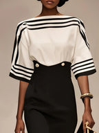 Black White Striped Boat Neck Half Sleeve Sheath Midi Satin Dress
