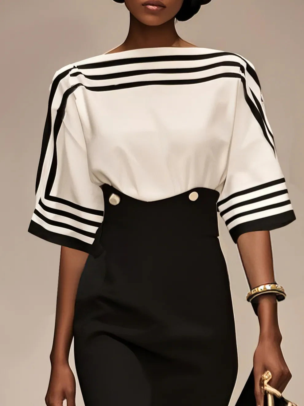 Black White Striped Boat Neck Half Sleeve Sheath Midi Satin Dress