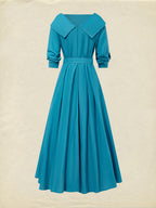Midi Linen Dress , Half Sleeve, Shawl Collar, Plain, Belt Design, Vintage, Cyan