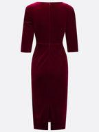 Wine Red Faux Pearl Velvet Boat Neck Half Sleeve Sheath Midi Dress