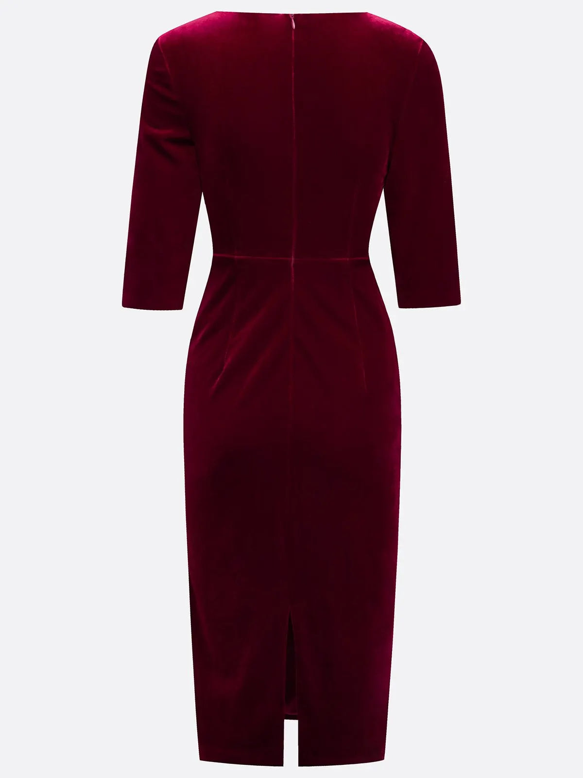 Wine Red Faux Pearl Velvet Boat Neck Half Sleeve Sheath Midi Dress