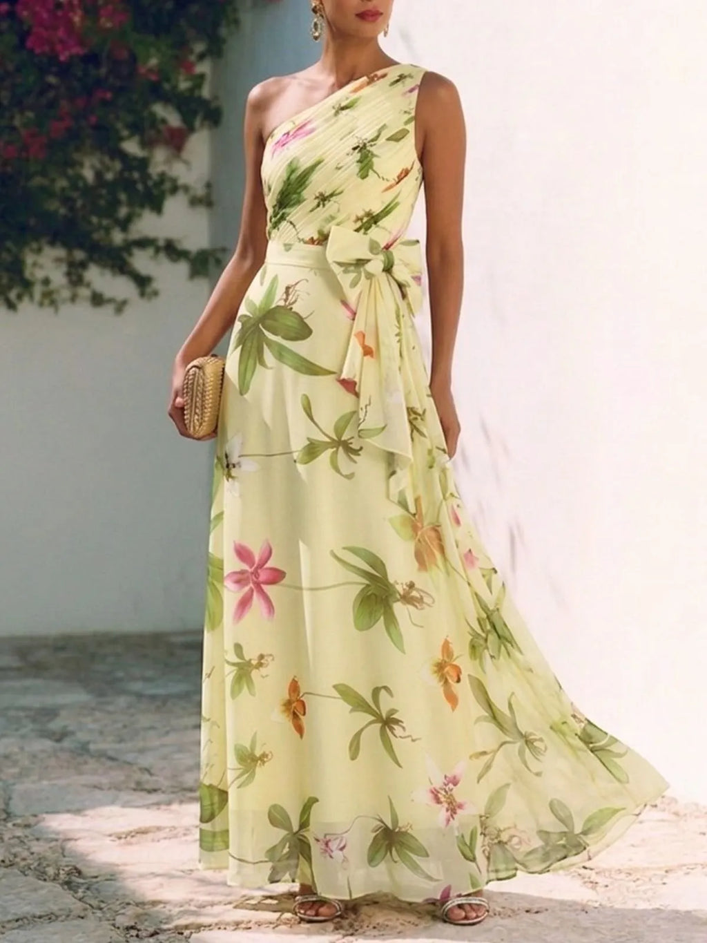 Yellow Floral Bow Chiffon One Shoulder Sleeveless A-Line Maxi Dress