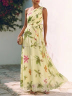 Yellow Floral Bow Chiffon One Shoulder Sleeveless A-Line Maxi Dress