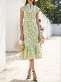 Midi Linen Dress , Cap Sleeves, V Neck, Floral, Lace, French Vintage, Green