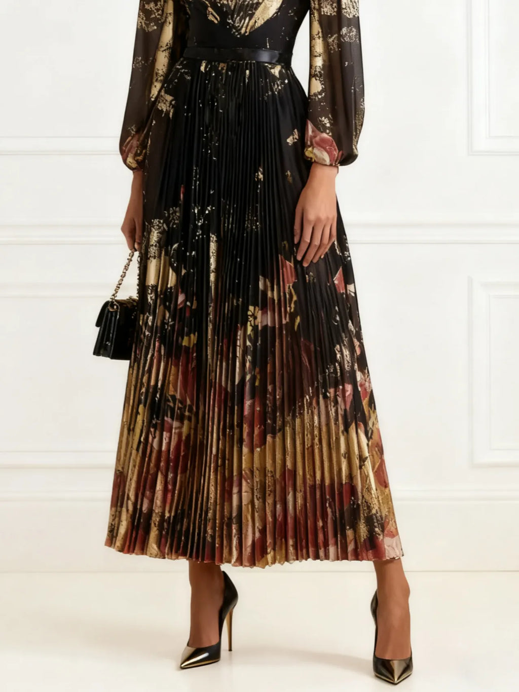 Black Floral Chiffon V Neck Long Sleeve Balloon Sleeve A-Line Maxi Dress