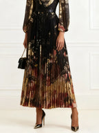 Black Floral Chiffon V Neck Long Sleeve Balloon Sleeve A-Line Maxi Dress