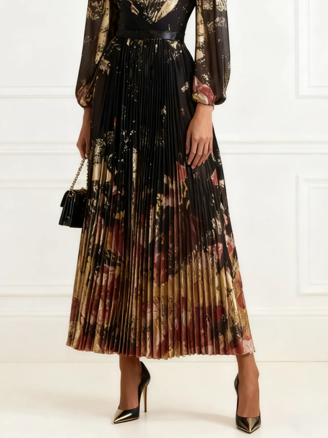 Black Floral Chiffon V Neck Long Sleeve Balloon Sleeve A-Line Maxi Dress