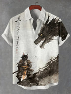Men's Cat Warrior And Dragon Duel Ink Painting Art Print Short Sleeve Shirt