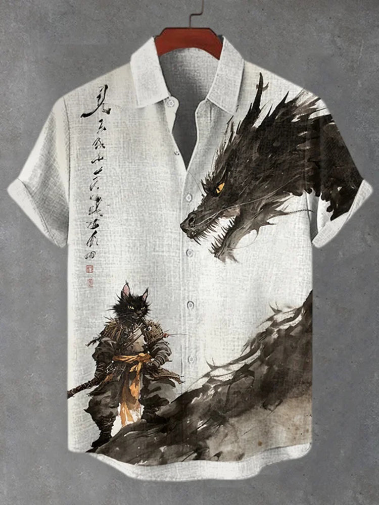 Men's Cat Warrior And Dragon Duel Ink Painting Art Print Short Sleeve Shirt
