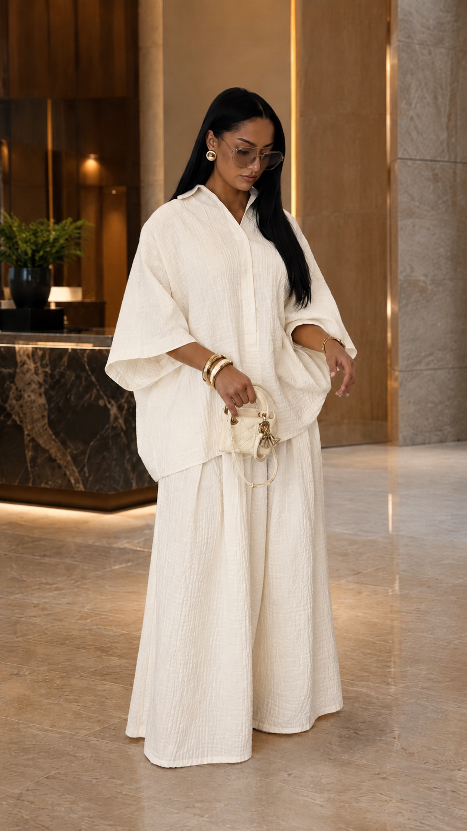 Crinkled Textured Oversized Shirt & Wide-Leg Pants Two-Piece