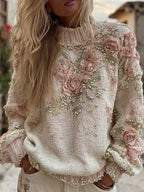 Women's Vintage Roses Art Knit Turtleneck Sweater