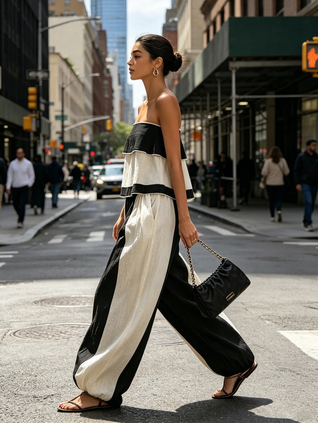 Black & White Color-Block Strapless Top & Balloon Pants Two-Piece Set
