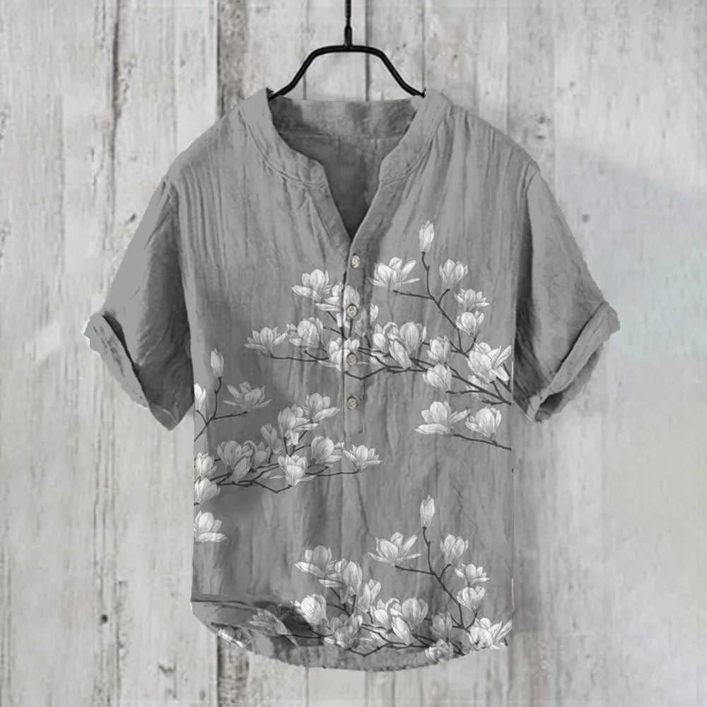 Vintage Japanese Magnolia Flower Casual Linen Blend Shirt