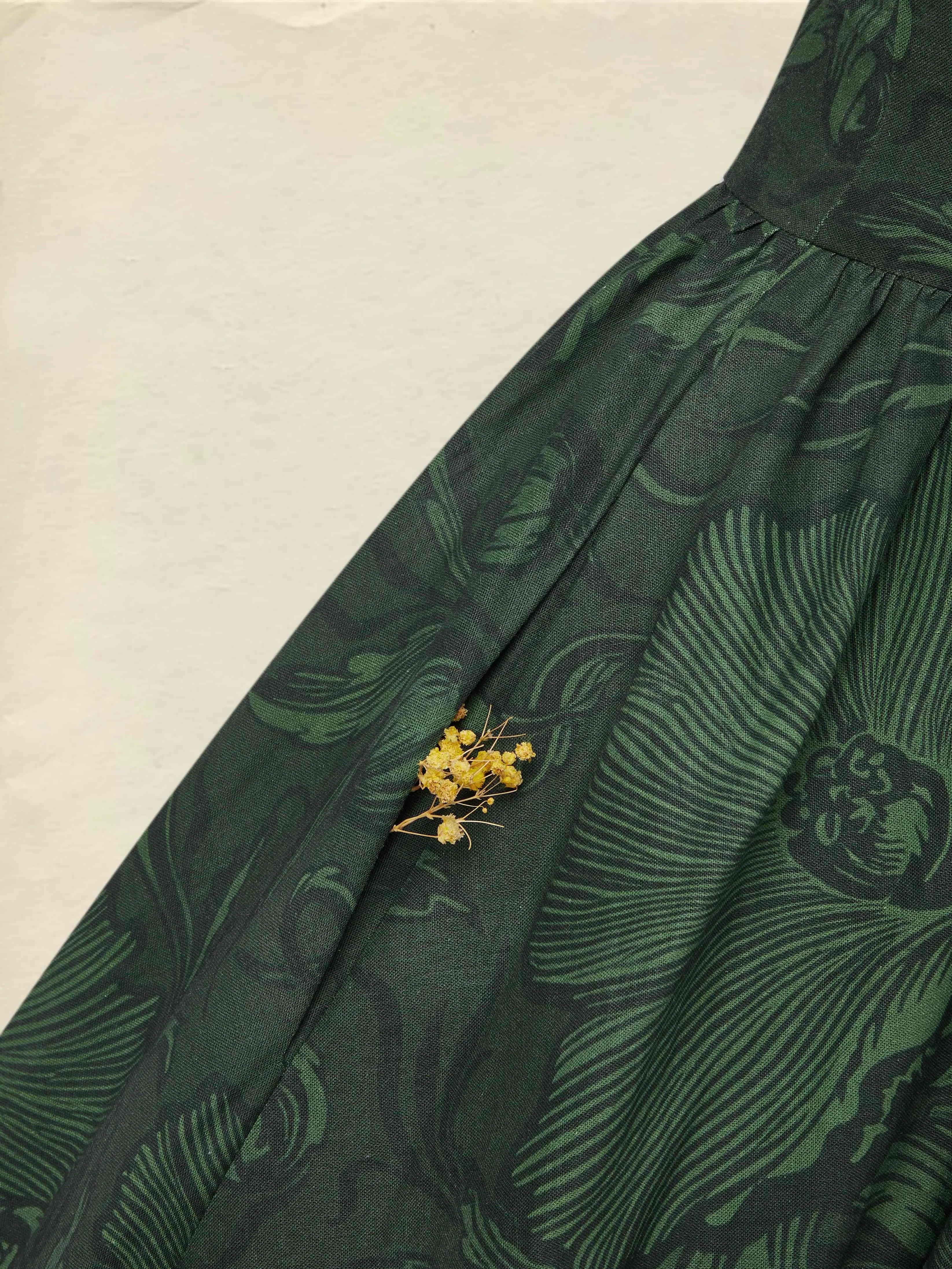 Maxi Linen Dress, Half Sleeve, V Neck, Floral, Vacation, Vintage, Deep Green