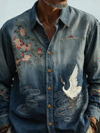 Men's Retro Japanese Cherry Blossom And Crane Art Linen Blend Shirt