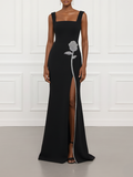 Black Applique Rhinestone Knit Square Neck Sleeveless Sheath Gown Dress