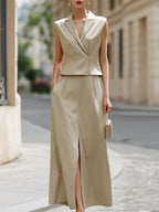 Elegant Sleeveless Blazer Vest & High-Waisted Slit Maxi Skirt Two-Piece Set