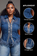 Plus Size Denim Fringe Rhinestone Top