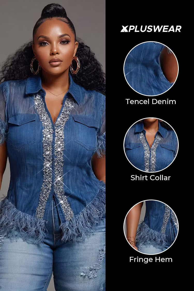 Plus Size Denim Fringe Rhinestone Top
