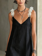 Black V-Neck Mini Dress With Floral Shoulder Straps