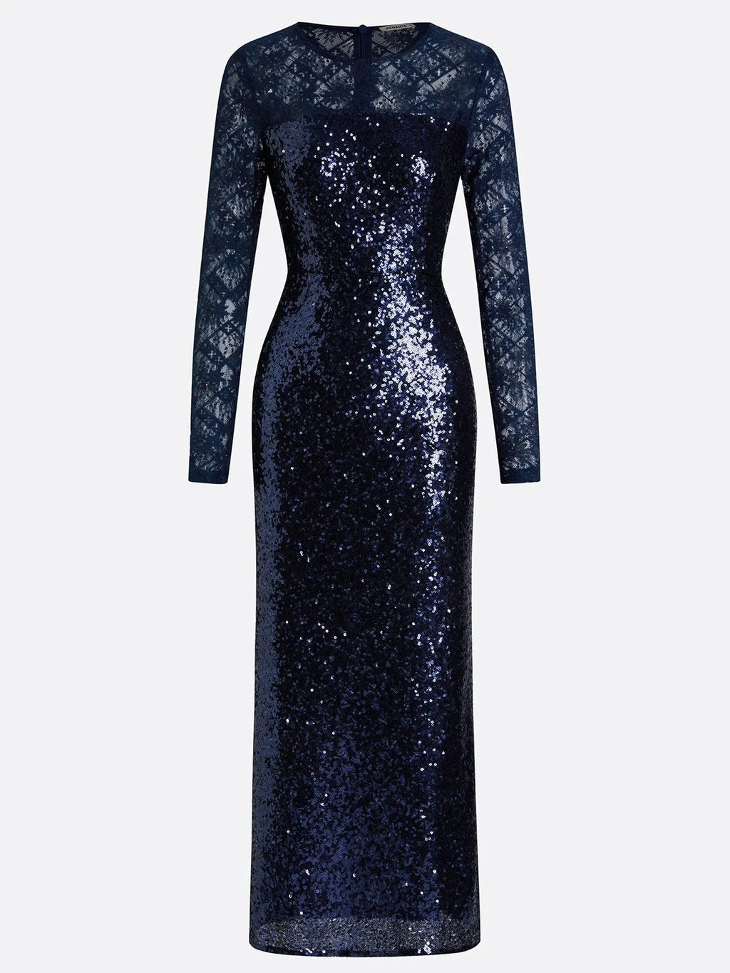 Navy Blue Lace Sequin Crew Neck Long Sleeve Sheath Maxi Dress